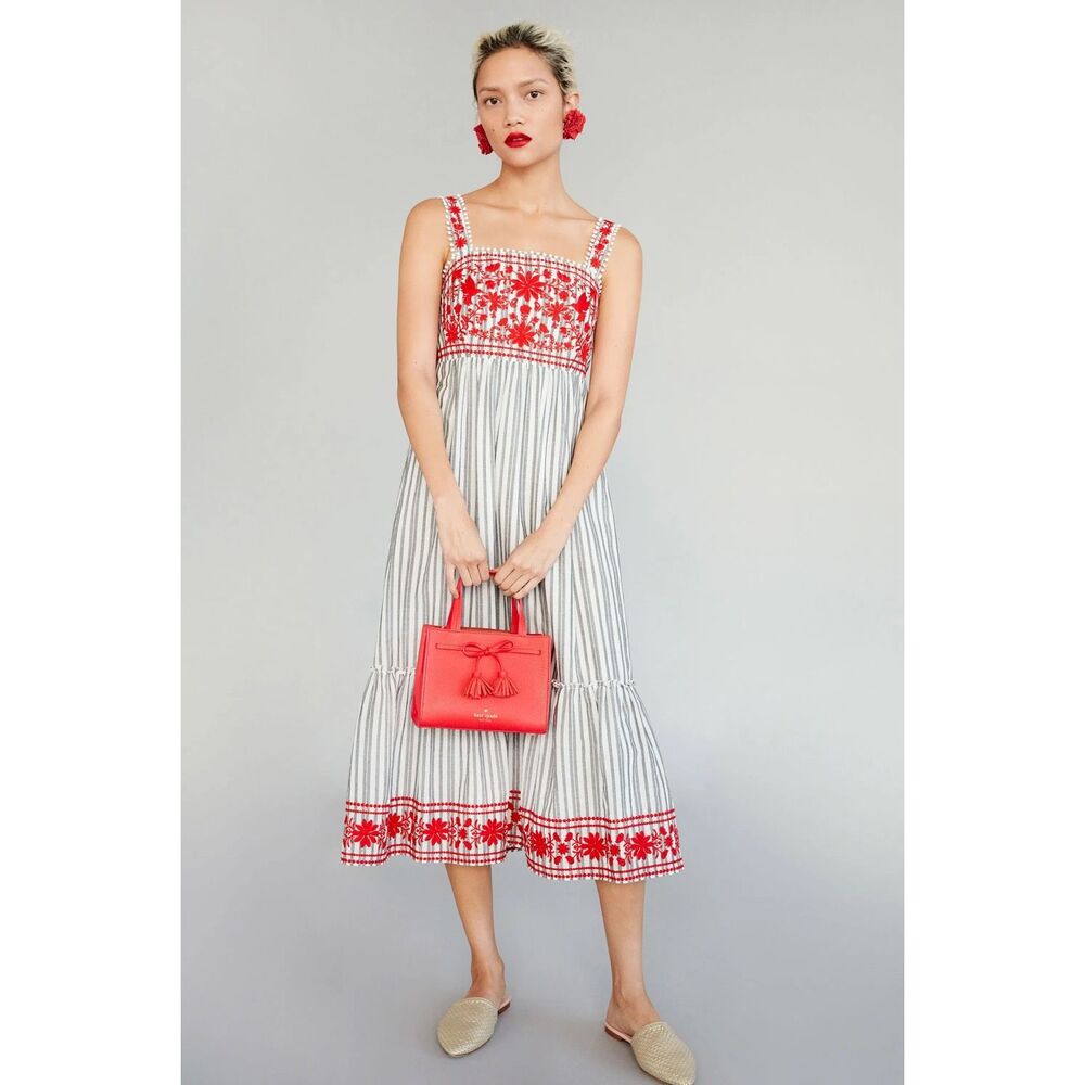 Kate Spade Broome Street Grey & White Striped With Red Embroidery Midi Dress XS - Picture 1 of 8